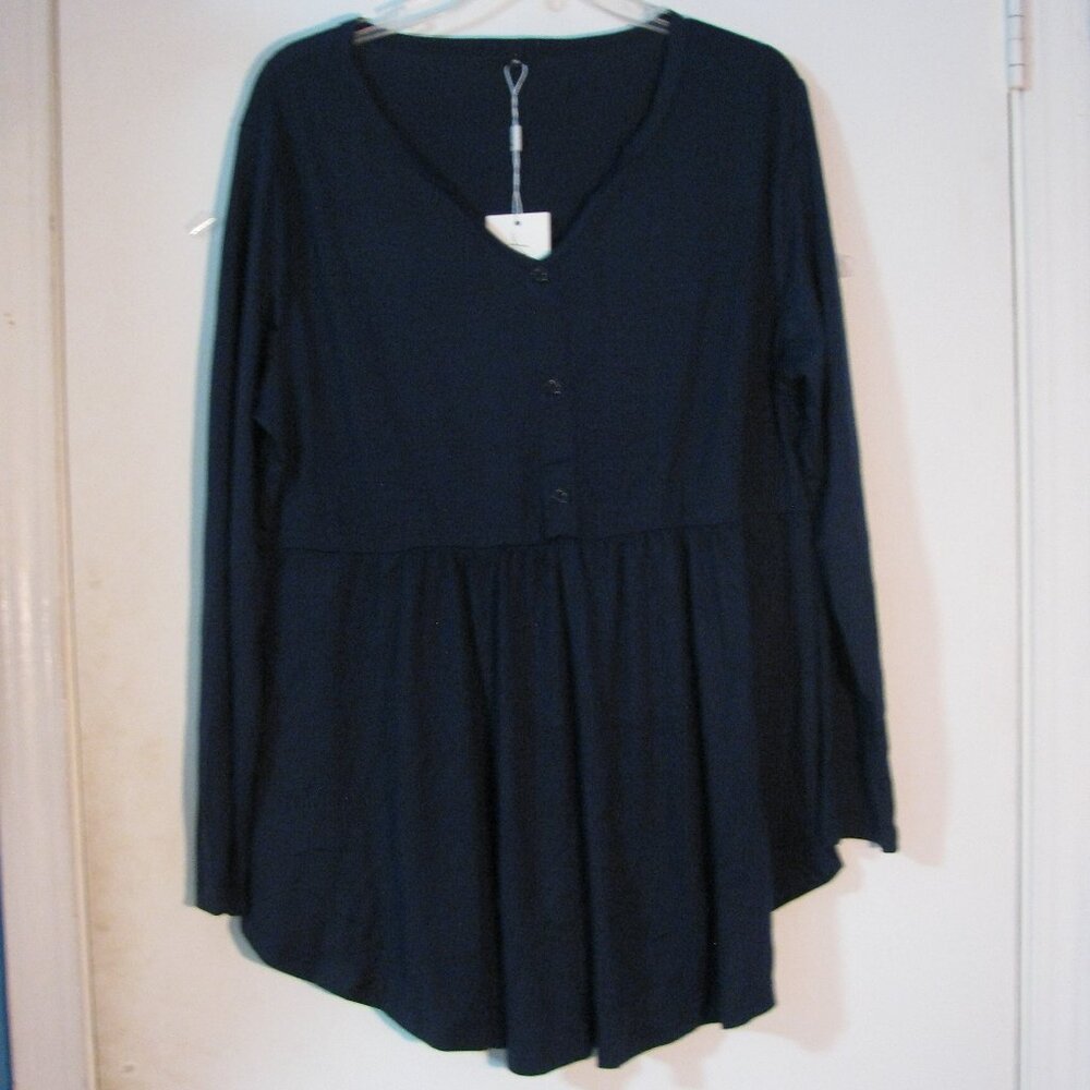 * Keluummi Silky Top 1XL NWT Plus Size Navy Blue Split Neckline Babydoll